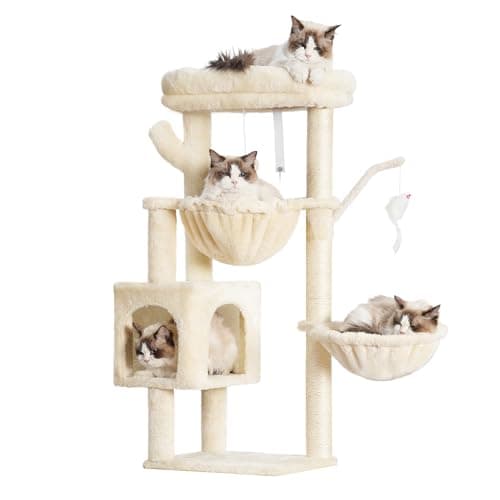 Heybly Cat Tree, 39.4 Inches Tower Condo with Scratching Post, Cat Tower for Indoor Cats, Fully Wrapped Sisal Pole, Soft Platform, 2 Baskets and Dangling Toy, Beige HCT006SM - Image 1
