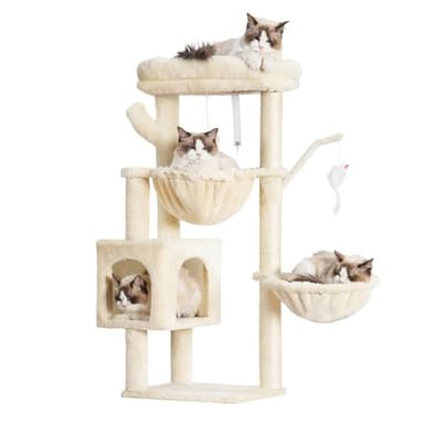 Heybly Cat Tree, 39.4 Inches Tower Condo with Scratching Post, Cat Tower for Indoor Cats, Fully Wrapped Sisal Pole, Soft Platform, 2 Baskets and Dangling Toy, Beige HCT006SM - Image 1