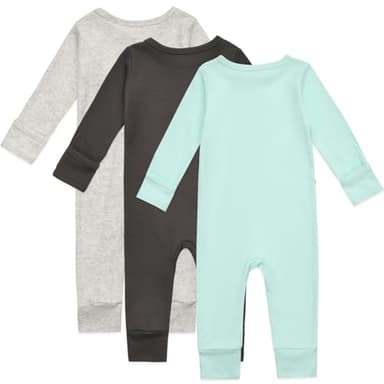 Aablexema Baby Cotton Fooltess Pajamas with Mitten, 3-pack Infant Romper Zip Up One Piece Jumpsuits Outfit(Light Grey&Black Grey&Mint,6-12m) - Image 2