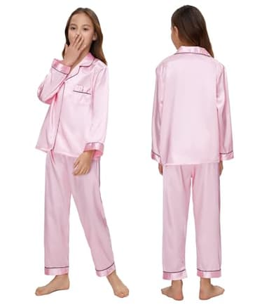 ALHAVONE Kids Girl Pajama Set with Headband Blindfold Hair Tie Toddler Boy Girl Satin Silky Button-up Pajama Sleepwear (Pink-long, 150) - Image 2