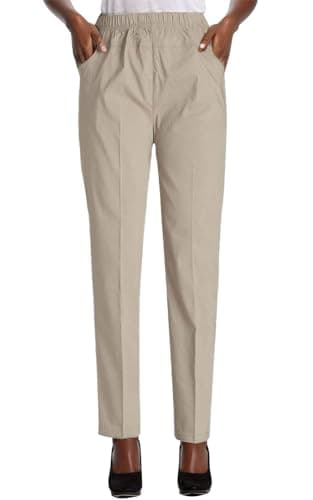 Soojun Womens Summer Elastic Waist Comfy Stretch Pull On Pants, Color Khaki, Large - Image 1