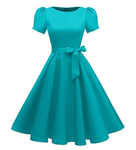 tagunop Women's Boatneck Vintage 1950s Cocktail Party Dress with Puff Sleeves Turquoise L - Image 1