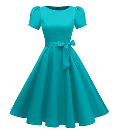 tagunop Women's Boatneck Vintage 1950s Cocktail Party Dress with Puff Sleeves Turquoise L - Image 1