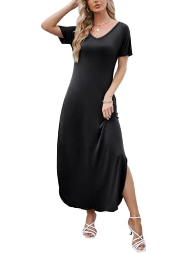 HUSKARY Womens Casual Pocket Beach Long Dress Short Sleeve Split Loose Maxi Dress, Black 01, X-Large - Image 3