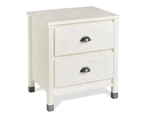 Baja Night Stand / 2 Drawer / Solid Wood / Rustic Bedside Table for Bedroom, Living Room, Sofa Couch, Hall / Metal Drawer Pulls, Shabby White - Image 1