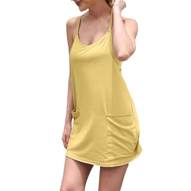 UNIANKIYA Womens Workout Romper Dress with Shorts Underneath Sleeveless Spaghetti Straps Athletic Outfits Casual Vacation Yellow - Image 4