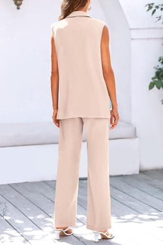 PRETTYGARDEN Womens 2 Piece Blazer Suits V Neck Sleeveless Vest Wide Leg Pants Sets Summer Matching Outfits (Beige,Medium) - Image 4