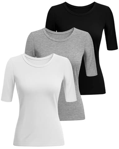 Riyiper 3 Pack Elbow Length Tee Shirts for Women 1/2 Half Sleeve Tops Crewneck Cotton Slim Fit Casual Summer Basic Tee(Black, White, Light Gray,M) - Image 2