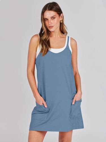 Prinbara Women Athletic Tennis Dress Summer Workout Sports Mini Romper Dress Built in Shapewear Shorts Sundress 2025 Outfits Dark Blue Large - Image 2