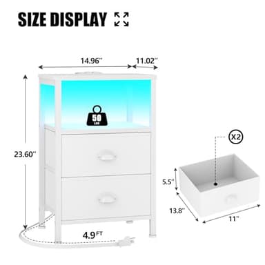 Furologee Nightstands Set of 2, End Tables Set of 2 with Charging Station and LED Lights, White Night Stands with 2 Fabric Drawers, Bedside Tables for Living Room/Bedroom - Image 3