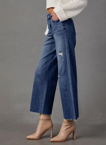 Dokotoo Capri Wide Leg Baggy Jeans for Women Trendy Barrel Pants for Girls High Waisted Straight Pants Petite 2025 Outfits Boyfriend Jeans Fashion Clothes Casual Work Summer Denim Blue - Image 3