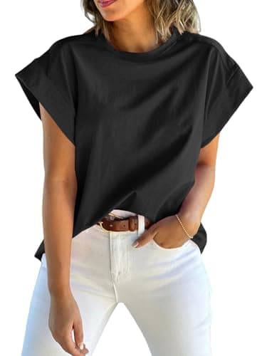 Tankaneo Womens Summer Cap Sleeve Tank Top Crew Neck Solid Casual Loose Fit Basic Tee Shirt Black - Image 2