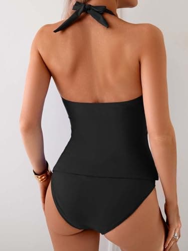 Eomenie Womens Halter Tankini Bathing Suit Ruched Tummy Control Two Piece Swimsuit with Bottom Black - Image 3