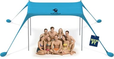 SUN NINJA Beach Tent Sun Shelter UPF50+ - Easy Pop Up Beach Canopy - Outdoor Shade for Camping Trips, Fishing, Backyard Fun Picnics - Sand Shovel, Ground Pegs & Stability Poles - Image 1