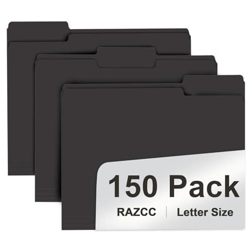 File Folder, RAZCC 150 Pack 1/3 Cut Tab File Folders Letter Size, Black Folders for Dcouments, Folders with Tab Great for Organizing and Easy File Storage - Image 1