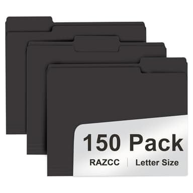 File Folder, RAZCC 150 Pack 1/3 Cut Tab File Folders Letter Size, Black Folders for Dcouments, Folders with Tab Great for Organizing and Easy File Storage - Image 1