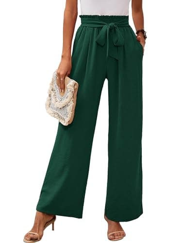 Heymoments Women's Wide Leg Lounge Pants with Pockets Dark Green Small Lightweight High Waisted Adjustable Tie Knot Loose Comfy Casual Trousers - Image 1