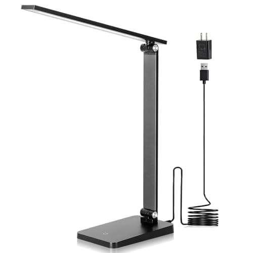 LED Desk Lamp for Home Office, 3 Levels Dimmable Desk Light with USB Charging Port, Small Study Lamp, Reading Light for Table, Black, 5000K - Image 1