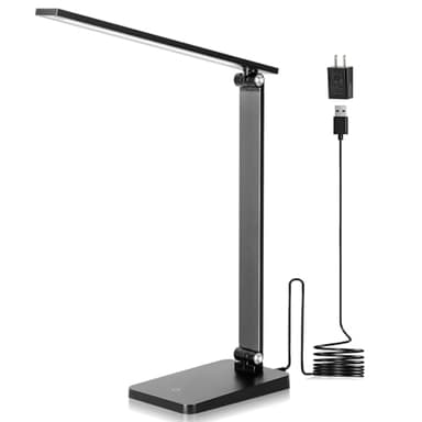 LED Desk Lamp for Home Office, 3 Levels Dimmable Desk Light with USB Charging Port, Small Study Lamp, Reading Light for Table, Black, 5000K - Image 1