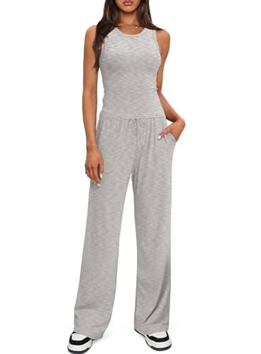 Darong Women's Two Piece Outfit Crew Neck Tank Top with Drawstring Long Wide Leg Pants Tracksuit Lounge Set 9054B Light Grey S - Image 1