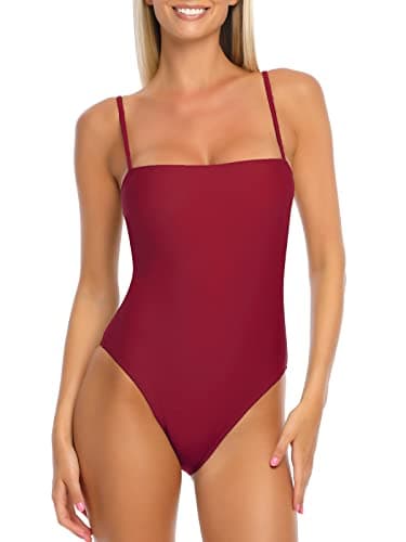 RELLECIGA Women's Wine Red High Cut Bandeau One Piece Swimsuits with Adjustable Shoulder Straps Size Small - Image 1