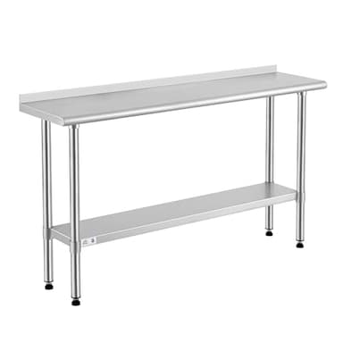 ROCKPOINT Stainless Steel Table for Prep & Work with Backsplash 14x60 Inches, NSF Metal Commercial Kitchen Heavy Duty Table with Adjustable Under Shelf and Table Foot for Restaurant, Home and Hotel - Image 1