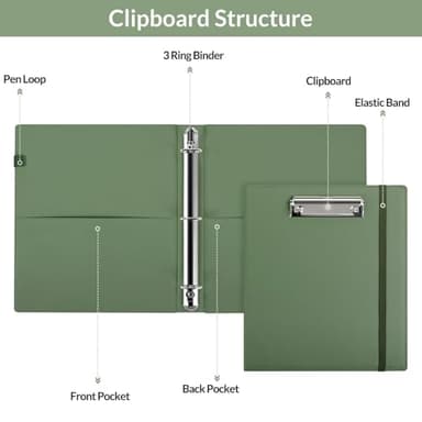SKYDUE 3 Ring Binder with Clipboard 1 Inch, 13.2" × 10.2" PU Clipboard Binder with Notepad & 5 Dividers with 5 Pockets, Labels, Clipboard Folder Great for School Office(Fit Letter Sized Paper) - Image 5