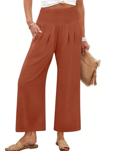 ANRABESS Womens Pants Wide Leg High Waisted Palazzo Pants Summer Flowy Beach Lounge Casual Trousers with Pockets Brick Small - Image 1