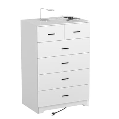 FJTJBSI Dresser with Power Outlets Wooden 6 Drawer Dresser with Large Organizer White Tall Storage Organizer with Smooth Metal Rail Modern Chest of Drawers Closet for Bedroom Hallway - Image 4