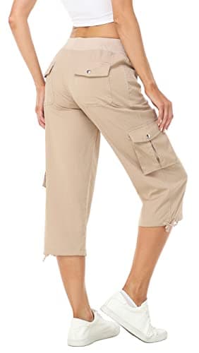 MISS MOLY Women's Cargo Capris Hiking Running Pants Loose Button Decor Lightweight Quick Dry Athletic Outdoor Khaki XL - Image 2