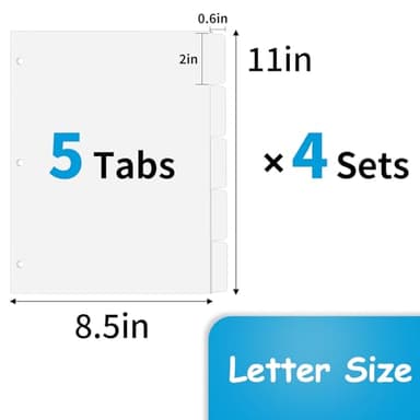 Binder Dividers for 3 Ring Binder, 1/5 Cut Tabs, Letter Size, Blank Write On Page Dividers with 5 Big Tabs for School Office Home, 4 Sets, 20 Dividers, White - Image 2