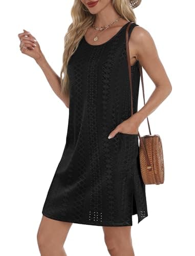 Summer Dresses for Women Dressy Casual Swimsuit Coverup 2025 Loose Flowy Tank Dress Sundresses with Pockets Eyelet Black M - Image 3