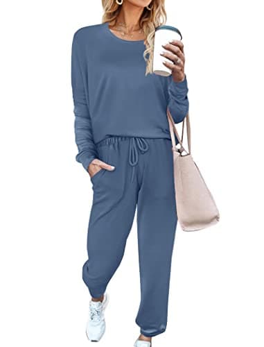 Aloodor Sweatsuits for Women Sets Lightweight Long Sleeve Pajamas Solid Loungewear Blue S - Image 1