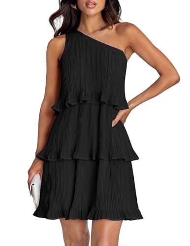ZESICA Women's 2025 Summer Sleeveless Mini Dress Boho One Shoulder Ruffle Tiered Layered Flowy A Line Dresses,Dark Black,Large - Image 1