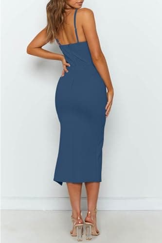 OWIN Women's Adjustable Spaghetti Straps Sleeveless High Waist Split Midi Bodycon Cocktail Party Dress Grey Blue - Image 3