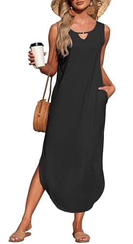 MISFAY Women's Summer Maxi Dress Sleeveless Loose Long Beach Split Dresses with Pockets(Black,L) - Image 1