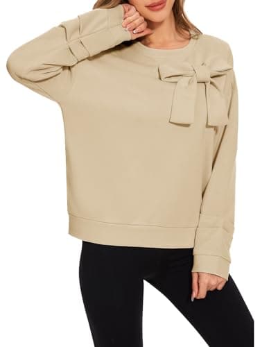 Cakulo 2025 Oversized Sweatshirts for Women Loose Fit Fall Fashion Crewneck Long Sleeve Casual Cute Bow Tunic Tops Khaki M - Image 9