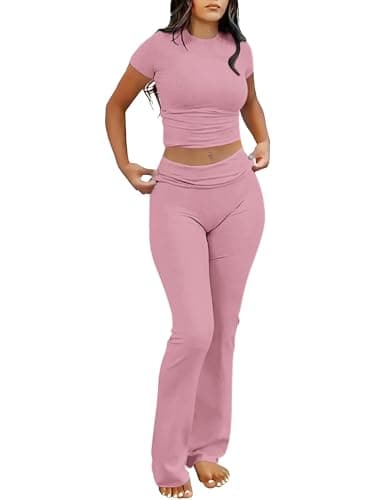 AYWA Women's 2 Piece Lounge Sets Short Sleeve Crop Top Foldover Flare Pants Casual Pajama Outfits (Pink, Large) - Image 1