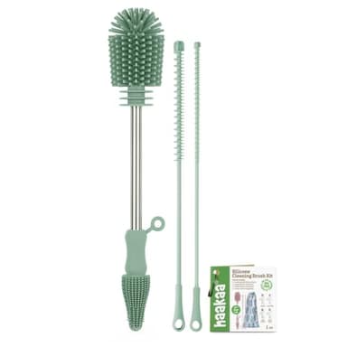 haakaa Silicone Cleaning Brush Kit - Baby Bottle Brush Cleaner for Breast Pump,Nipple,Breast Milk Storage Bag,Reusable Straw,Sippy Cup - Food Grade Silicone Bristles, Portable - 3 Pcs - Pea Green - Image 1