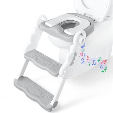 bebeleh Musical & Sound Toddler Potty Training Seat w/Step Stool Ladder - Collapsible & Adjustable Toilet, Pre Assembled Toddler Toilet Seat w/Music & Sounds - Splash Guard & Anti-Slip Steps - Gray - Image 1