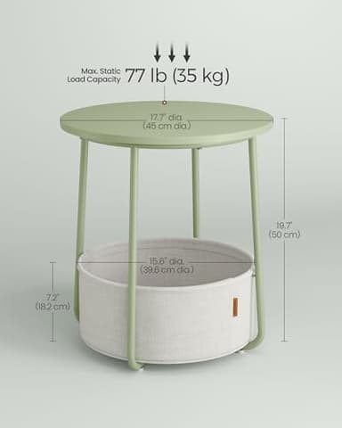 VASAGLE Small Round Side End Table, Modern Nightstand with Fabric Basket, Laurel Green and Cream White ULET223C69 - Image 3