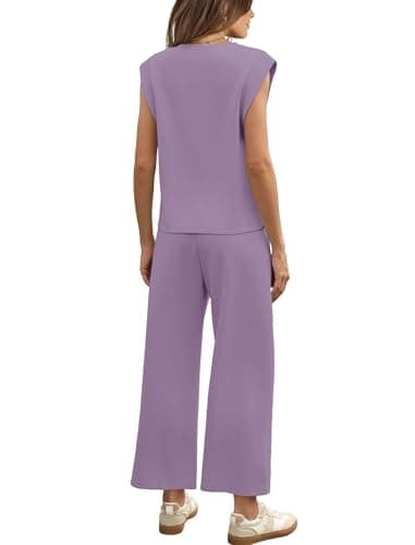 Sampeel Womens Two Piece Sets Loungewear Set Travel Airport Vacation Outfits Trendy Cruise Outfits 2025 Wide Leg Crop Pants Sets Purple L - Image 5
