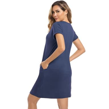 GEHENG Summer Dresses for Women2025 Beach Dresses V-Neck Oversized T-Shirt Casual Loose and Breathable Dress Pocket Dress Women Clothes Blue - Image 3