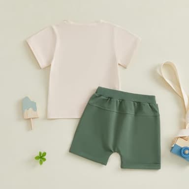 wdehow Toddler Baby Boy Summer Clothes Set Letter Print Crew Neck Short Sleeve T-Shirts Elastic Waist Shorts 2Pcs Outfits (A-A Green 2, 2-3T) - Image 6
