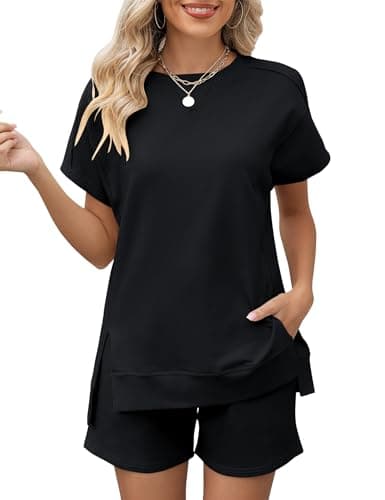 LOMON Womens 2 Piece Outfits Comfy Short Sleeve Lounge Wear Set Fashion Spring Shorts Tops with Pockets(Black,XXL) - Image 1