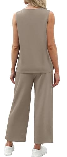XIEERDUO Two Piece Sets for Women Summer Lounge Matching Sets Travel Vacation Cruise Outfits V Neck Tops Wide Leg Pants Sets 2025 Brown S - Image 5