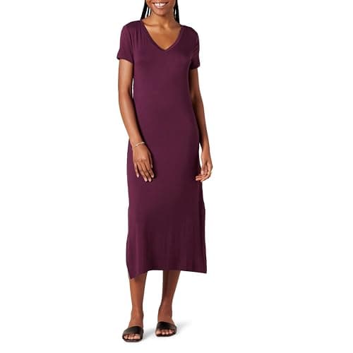 Amazon Essentials Women's Jersey V-Neck Short Sleeve Midi Length Dress, Dark Purple, Medium - Image 1