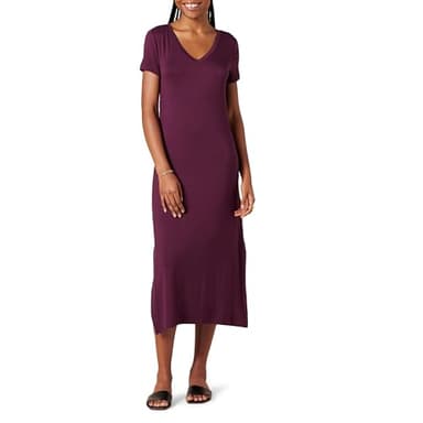 Amazon Essentials Women's Jersey V-Neck Short Sleeve Midi Length Dress, Dark Purple, Medium - Image 1