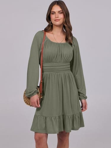 ANRABESS Womens Dress Long Lantern Sleeve Square Neck Elastic Waist Ruffle Flowy Swing A-Line Short Dresses 2025 Fall Fashion Army Green Medium - Image 3