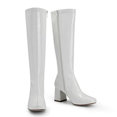 DREAM PAIRS Women's Gogo Boots, Square Toe Chunky Knee High Boots for Women，Fall Long Boots for Disco Cosplay Halloween Outfits, Sdkb2231w, White/Patent/Pu, Size 7.5 - Image 3